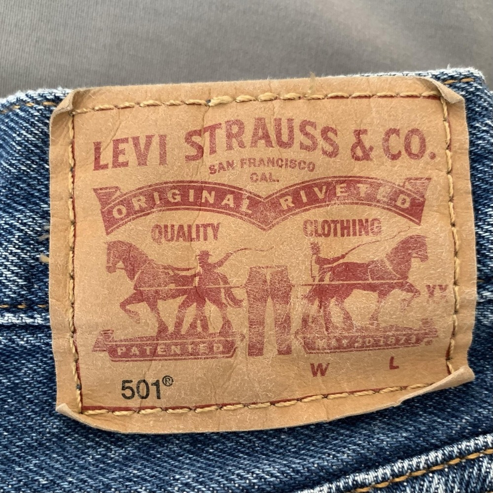 Levis 501 Jeans Mens 28x30 Blue Medium Wash Straight Distressed Denim Pants - Picture 10 of 11